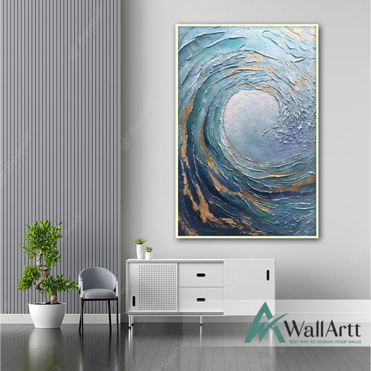 Abstract Gold Blue Wave 3d Heavy Textured Partial Oil Painting